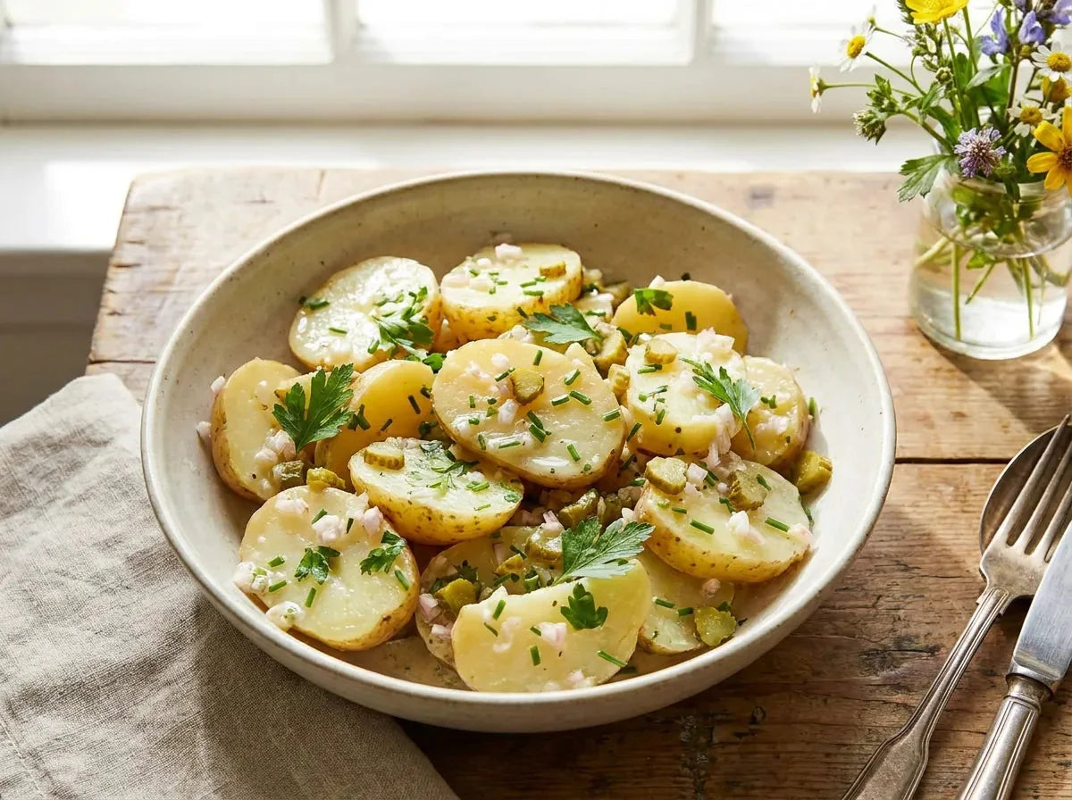 Salade de pommes de terre froide : rondelles de pommes de terre à chair ferme, échalote, cornichons et herbes fraîches dans un saladier