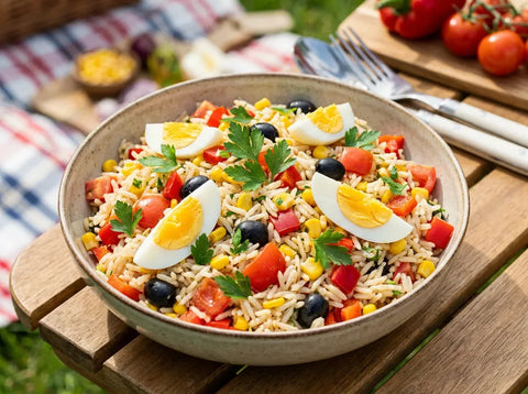 Salade de riz complète : riz long, maïs, dés de tomate et de poivron, olives noires et quartiers d’œufs durs dans un saladier