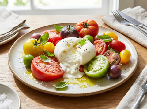 Salade de tomates anciennes multicolores et burrata crémeuse ouverte au centre, basilic frais et filet d’huile d’olive
