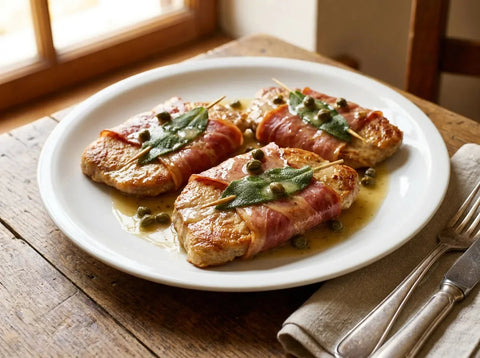 Saltimbocca alla romana : fines escalopes de veau garnies de sauge et de jambon cru, poêlées et nappées d’une sauce au vin blanc