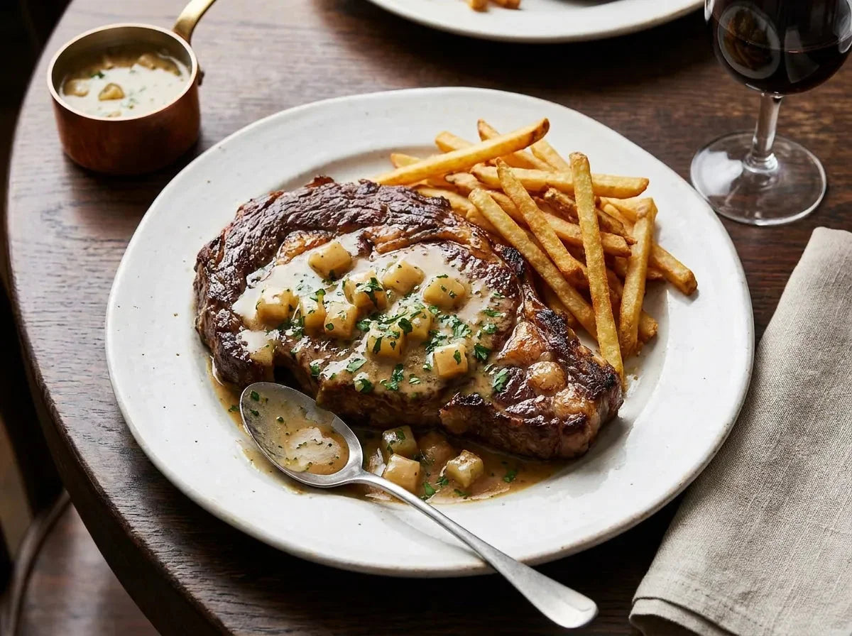 Sauce Bercy nappant une entrecôte grillée : sauce vineuse au beurre monté, échalote et dés de moelle, persil ciselé