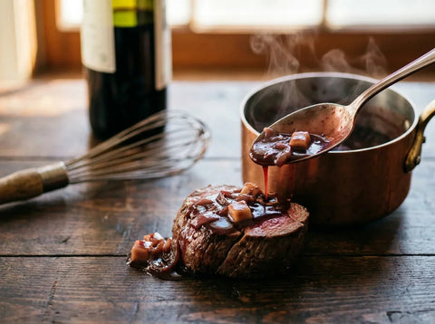 Sauce bordelaise nappée à la cuillère : sauce brune brillante au vin rouge et échalotes, rondelles de moelle fondante, dans une saucière