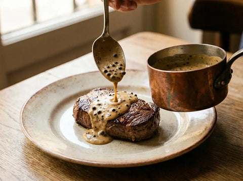 Sauce au poivre nappante versée sur une pièce de bœuf saisie, casserole en cuivre
