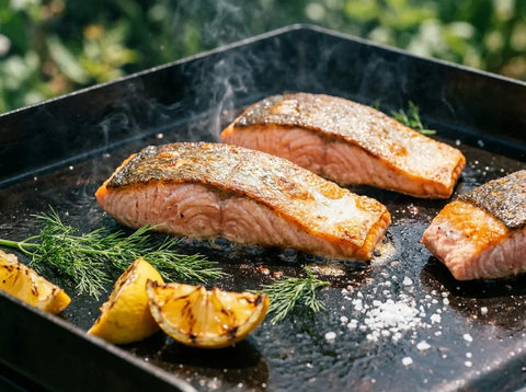 Pavés de saumon grillés à la plancha, dorés et croustillants côté peau, garnis d’aneth frais et de quartiers de citron