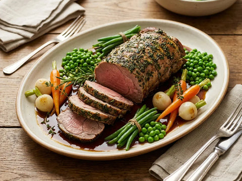 Selle d’agneau rôtie tranchée, entourée de bouquets de légumes printaniers tournés : carottes, navets, petits pois et haricots verts