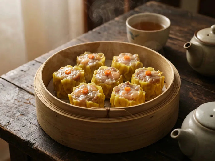 Siu mai dans un panier vapeur : bouchées ouvertes de porc et crevettes serties d’une corolle de pâte jaune, coiffées d’un point de carotte