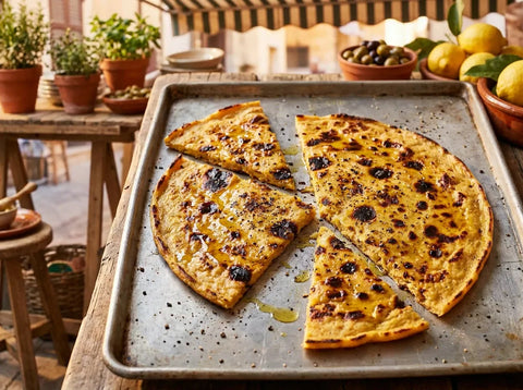 Socca niçoise : grande galette de farine de pois chiche dorée et cloquée, cassée en morceaux et poivrée, servie chaude