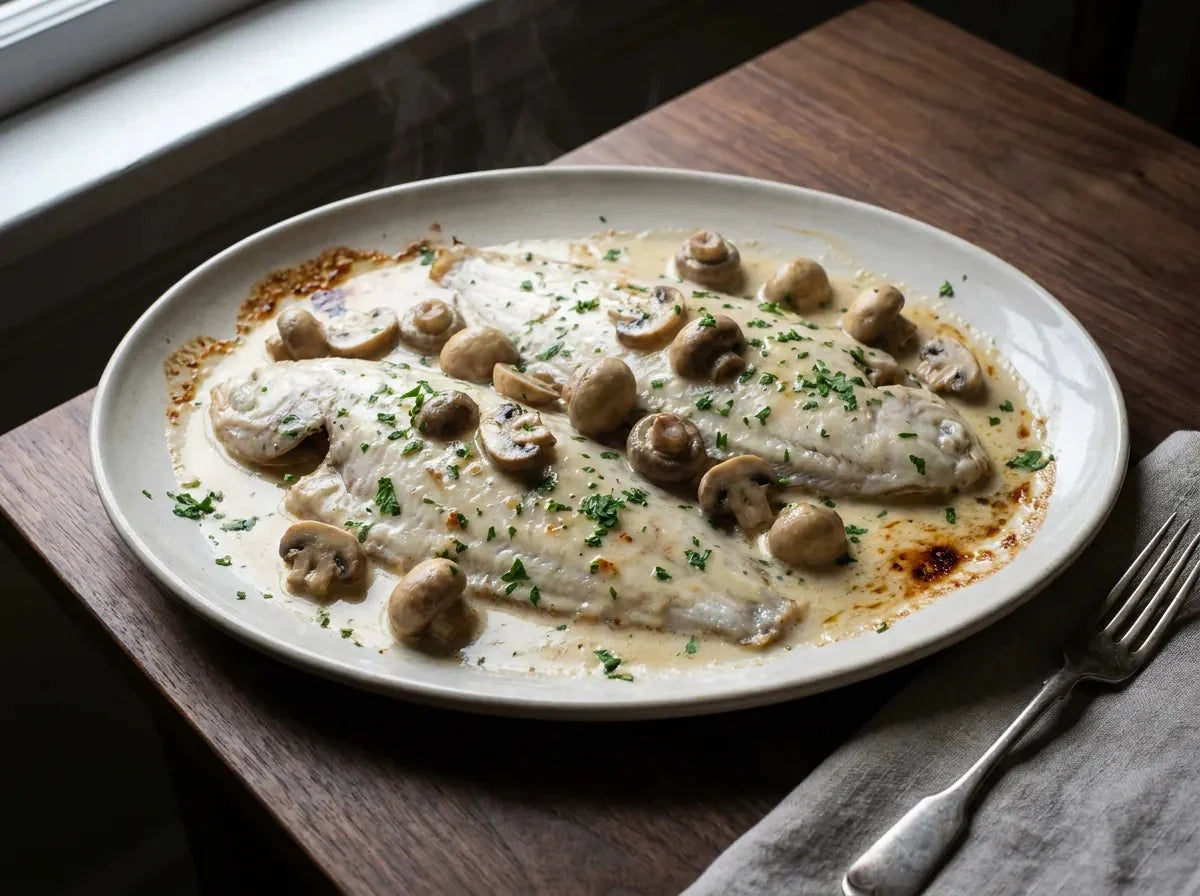 Sole bonne femme : filets de sole pochés nappés d'une sauce au vin blanc crémée aux champignons