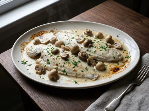 Sole bonne femme : filets de sole pochés nappés d'une sauce au vin blanc crémée aux champignons