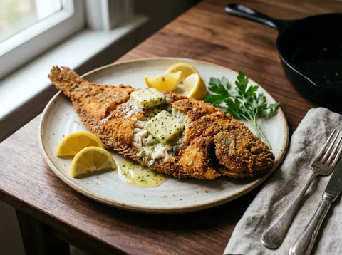 Sole Colbert dorée et ouverte, garnie de rondelles de beurre maître d’hôtel fondant et de quartiers de citron