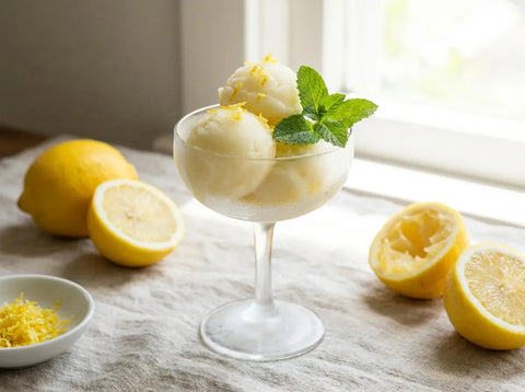 Boules de sorbet citron maison d’un jaune éclatant dans une coupe, zeste et feuilles de menthe, citrons frais autour