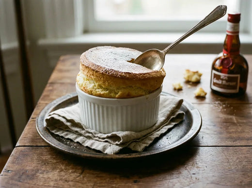 Soufflé au Grand Marnier gonflé au-dessus du ramequin, doré et saupoudré de sucre glace, parfumé à l’orange