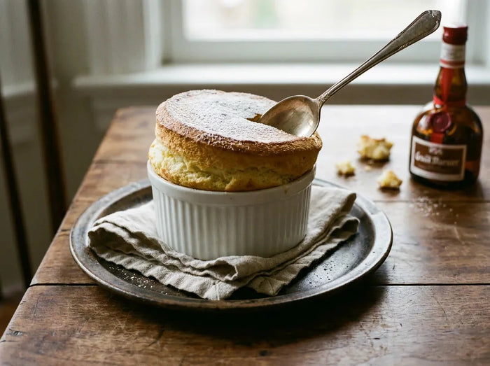 Soufflé au Grand Marnier gonflé au-dessus du ramequin, doré et saupoudré de sucre glace, parfumé à l’orange