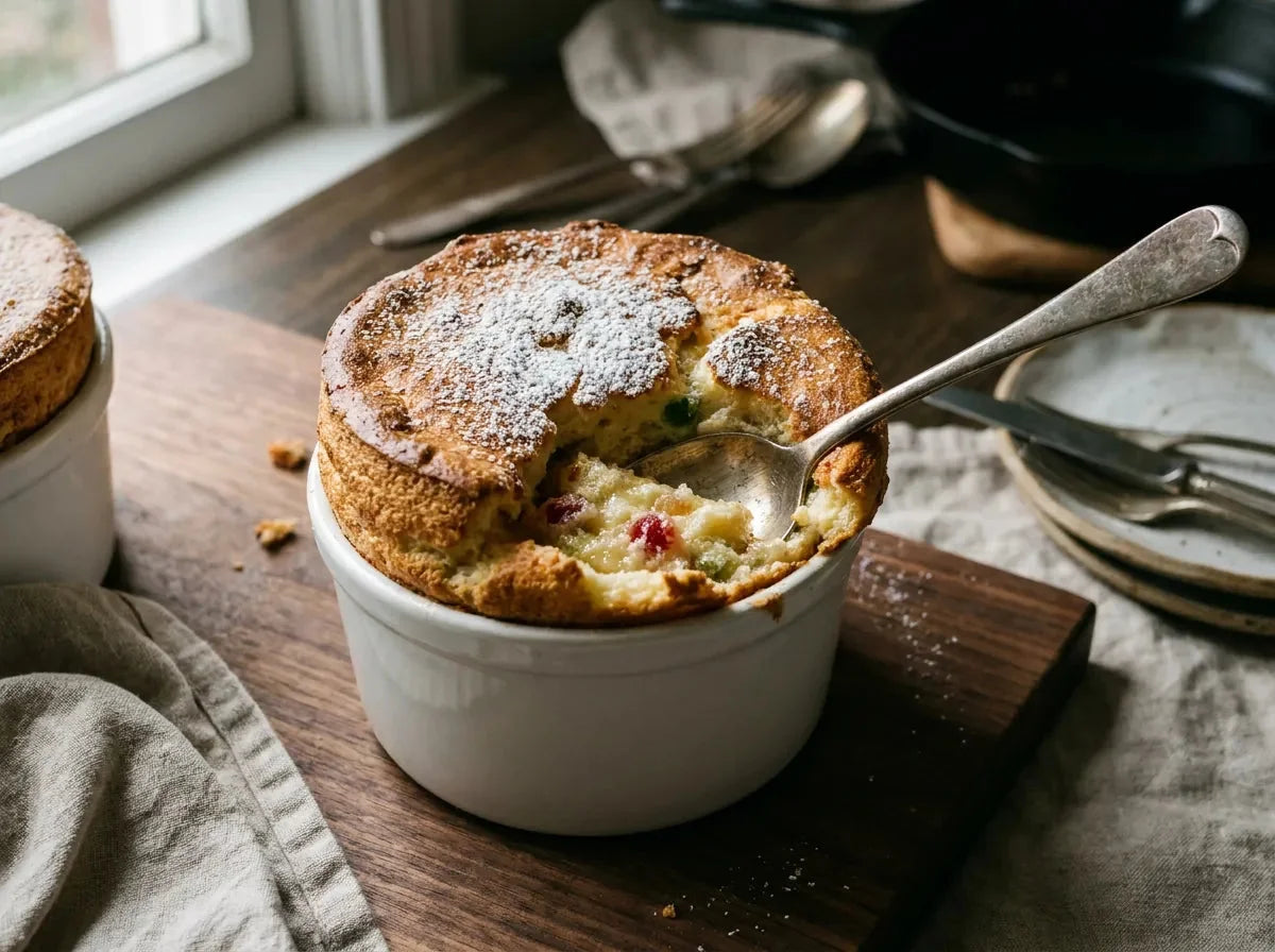 Soufflé Rothschild gonflé et doré dans son ramequin, parsemé de sucre glace, aux fruits confits et kirsch