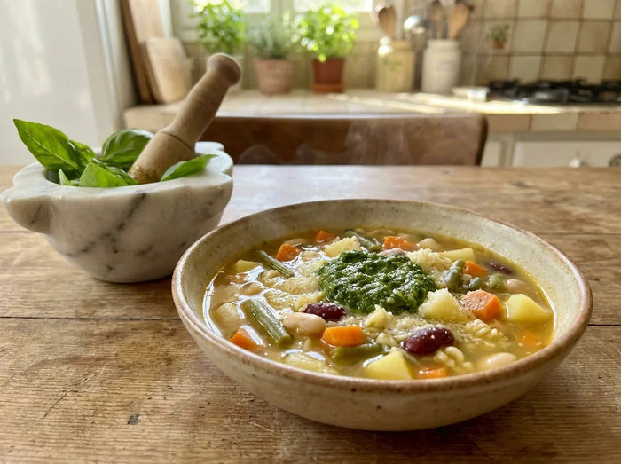 Soupe au pistou provençale en bol rustique : haricots, courgettes et pâtes dans un bouillon doré, cuillerée de pistou de basilic au centre