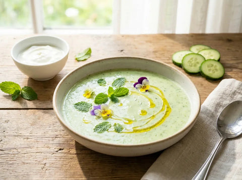 Soupe froide de concombre à la menthe servie glacée dans un bol, décorée de feuilles de menthe et d’un filet d’huile d’olive