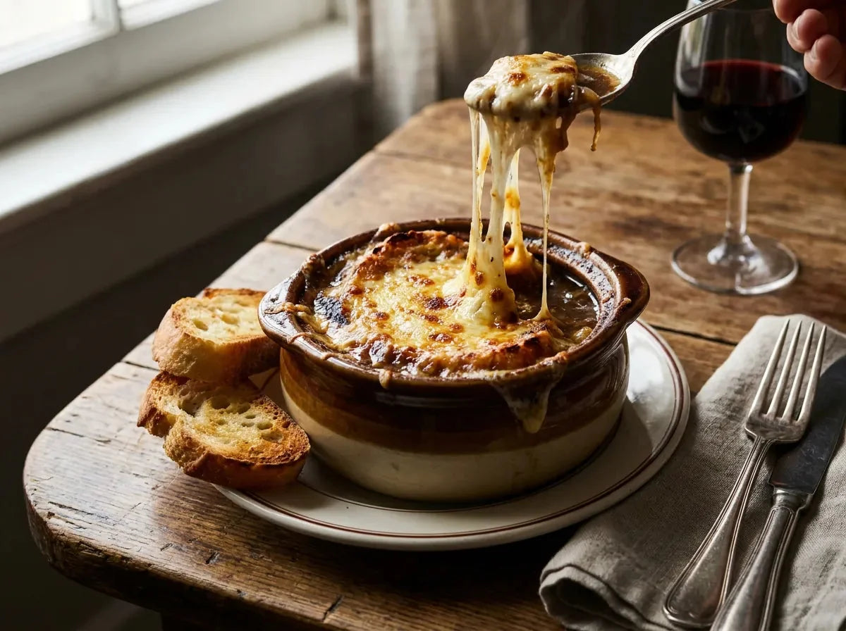 Soupe à l’oignon gratinée en cocotte, croûte de gruyère dorée et filante au-dessus du bouillon d’oignons caramélisés