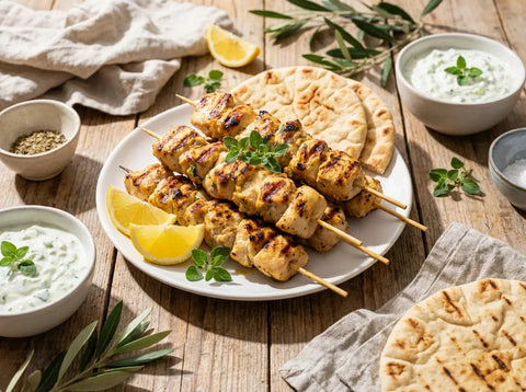 Brochettes de souvlaki de poulet grillées, dorées, avec citron, origan et pain pita