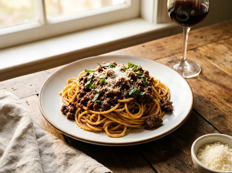 Assiette de spaghetti bolognaise maison : pâtes enrobées d’un ragù de bœuf à la tomate, parmesan râpé et basilic
