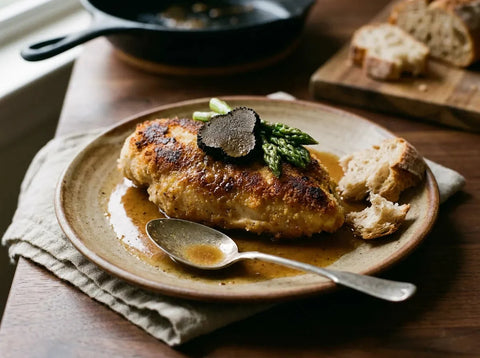 Suprême de volaille à la Maréchale : blanc pané doré au beurre garni d'une lame de truffe et de pointes d'asperges vertes