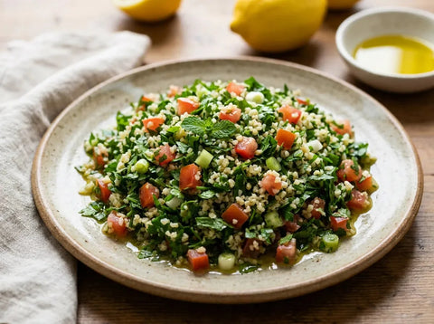 Taboulé libanais vert riche en persil et menthe ciselés, avec petits dés de tomate, oignon et boulghour fin, dans un plat