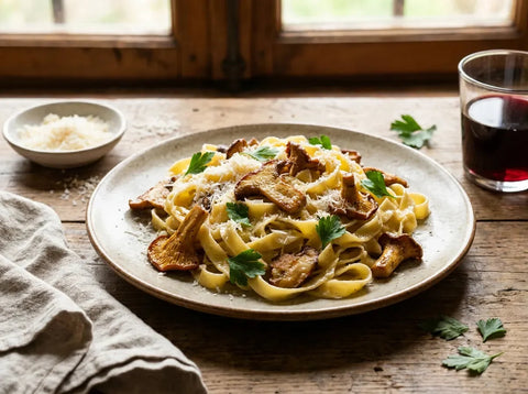 Assiette de tagliatelles crémeuses aux champignons poêlés, parmesan et persil frais