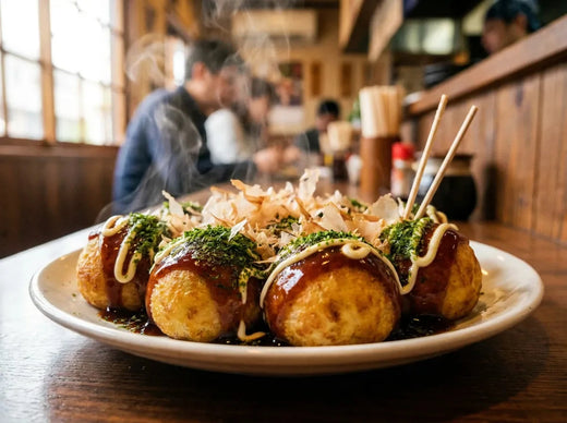 Takoyaki d’Osaka : boulettes de poulpe dorées nappées de sauce brune et de mayonnaise, saupoudrées d’algue et couronnées de copeaux de bonite