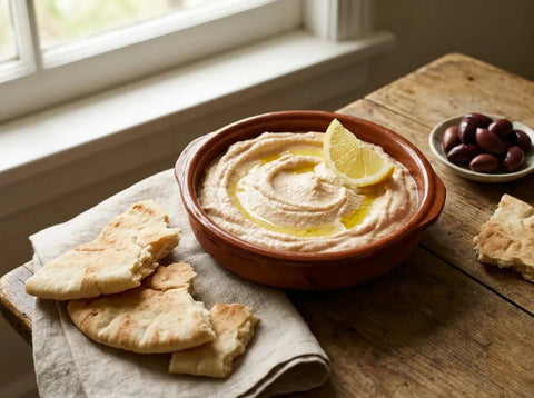 Bol de tarama maison crémeux beige rosé, filet d’huile d’olive et citron, servi avec pain pita tiède