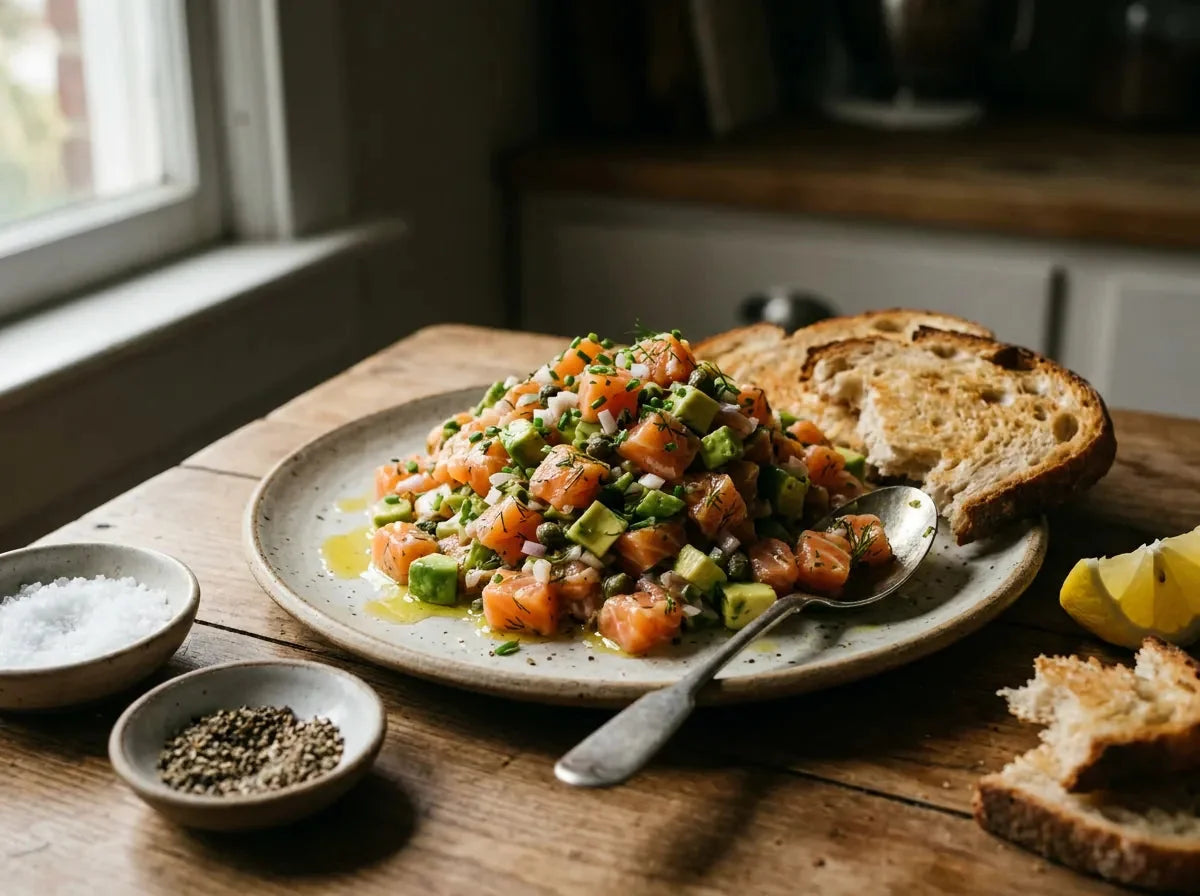Tartare de saumon et avocat dressé rustique sur céramique, tartines de pain grillé rompues