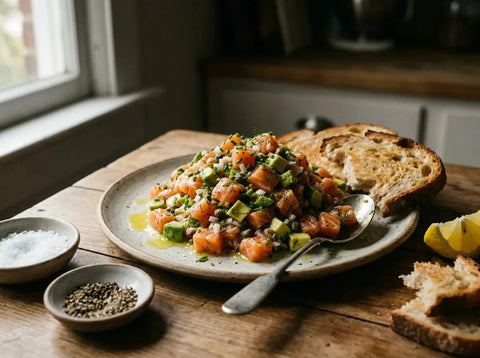 Tartare de saumon et avocat dressé rustique sur céramique, tartines de pain grillé rompues