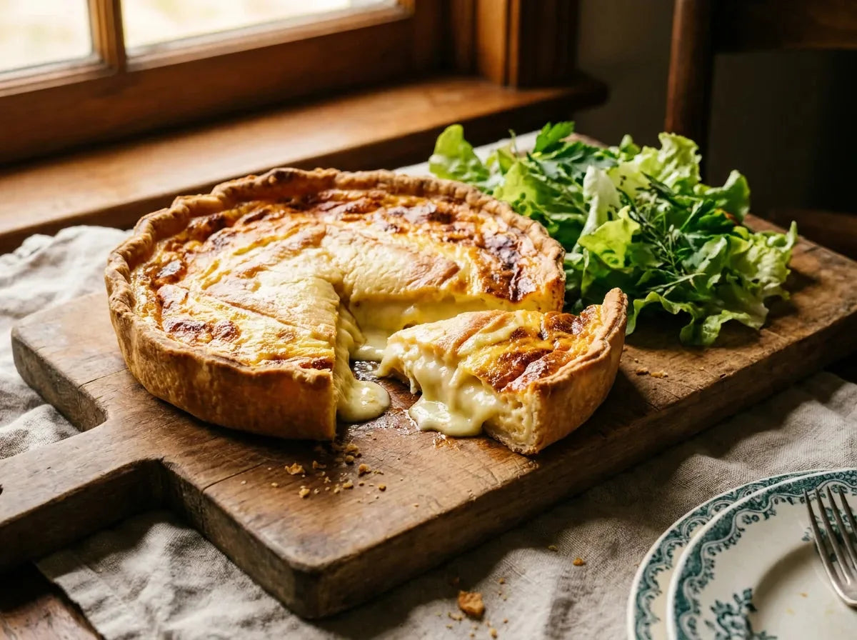 Tarte au maroilles ch'ti : pâte moelleuse dorée garnie de maroilles fondu et coulant, une part servie avec de la salade verte