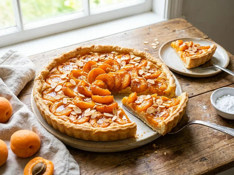 Tarte aux abricots dorée, oreillons rangés en rosace sur crème d’amandes, amandes effilées, pâte croustillante