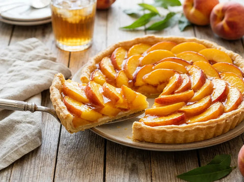 Tarte aux pêches fondante, quartiers rangés en rosace serrée et nappés brillants sur pâte dorée
