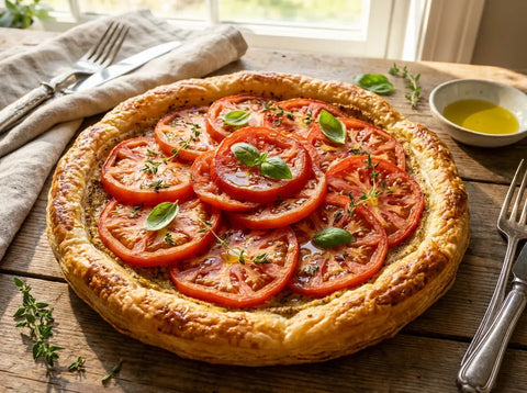 Tarte fine à la tomate et à la moutarde : pâte feuilletée dorée, rondelles de tomates en rosace, thym et basilic frais