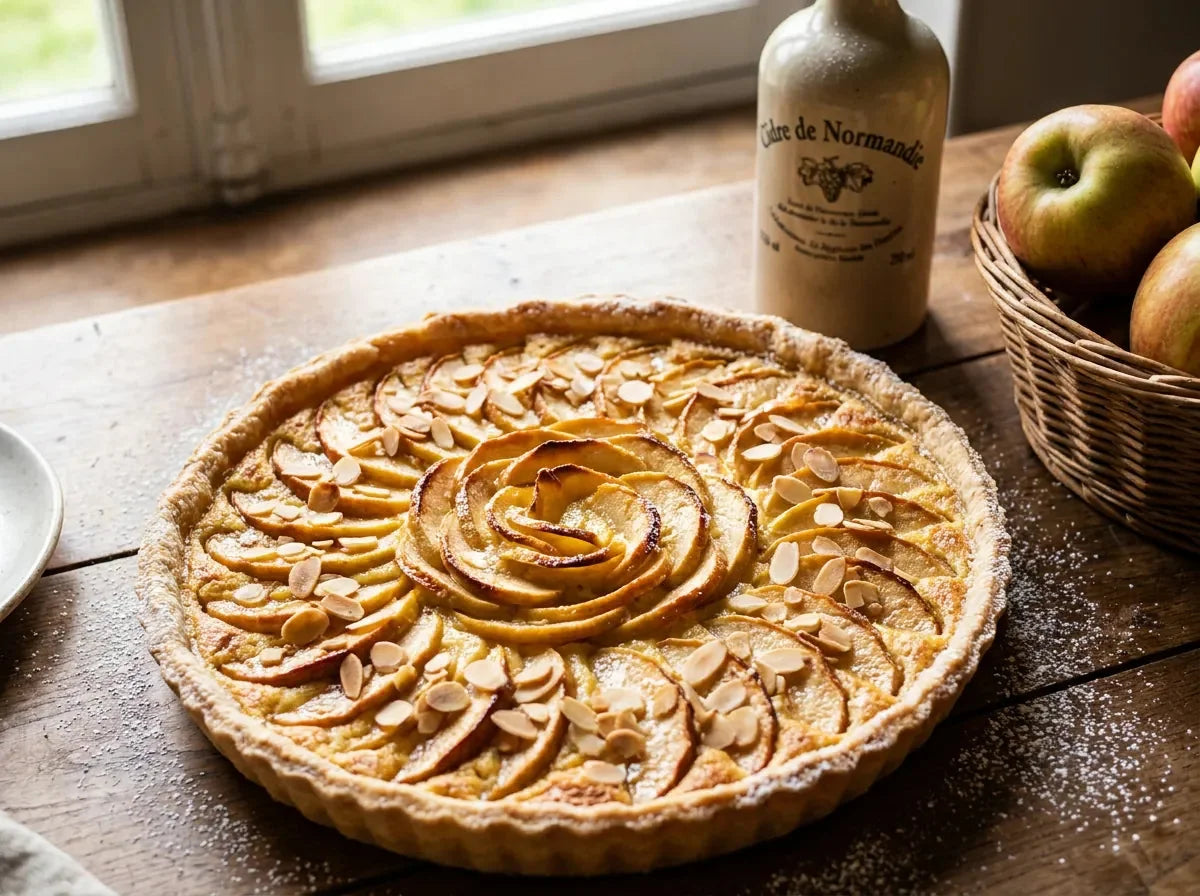 Tarte normande dorée aux pommes fondantes prises dans un appareil crémeux aux amandes, parsemée d’amandes effilées