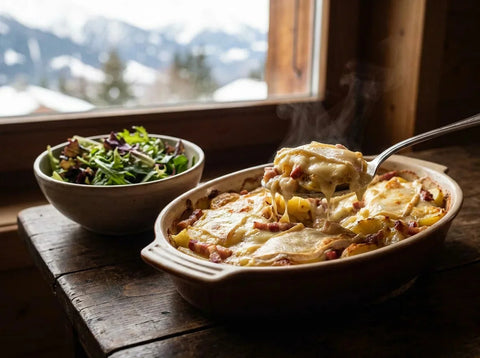 Tartiflette savoyarde gratinée dans son plat en terre : pommes de terre rissolées, lardons et reblochon fondu à la croûte dorée, une part soulevée à la cuillère