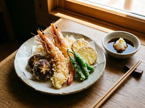 Tempura de crevettes et légumes croustillante dorée, dressée sur une assiette avec un bol de sauce tsuyu et radis râpé
