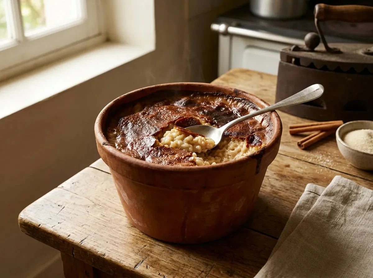 Teurgoule normande dans sa terrine, riz au lait à la cannelle recouvert d’une épaisse peau brune caramélisée