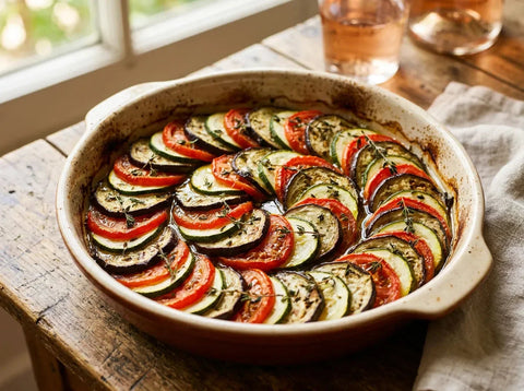 Tian de légumes provençal : rondelles de courgette, aubergine et tomate rangées en rosace, dorées et confites au four avec du thym