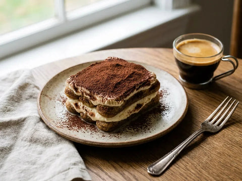 Part de tiramisu traditionnel : couches de crème au mascarpone et de biscuits imbibés de café, surface saupoudrée de cacao amer