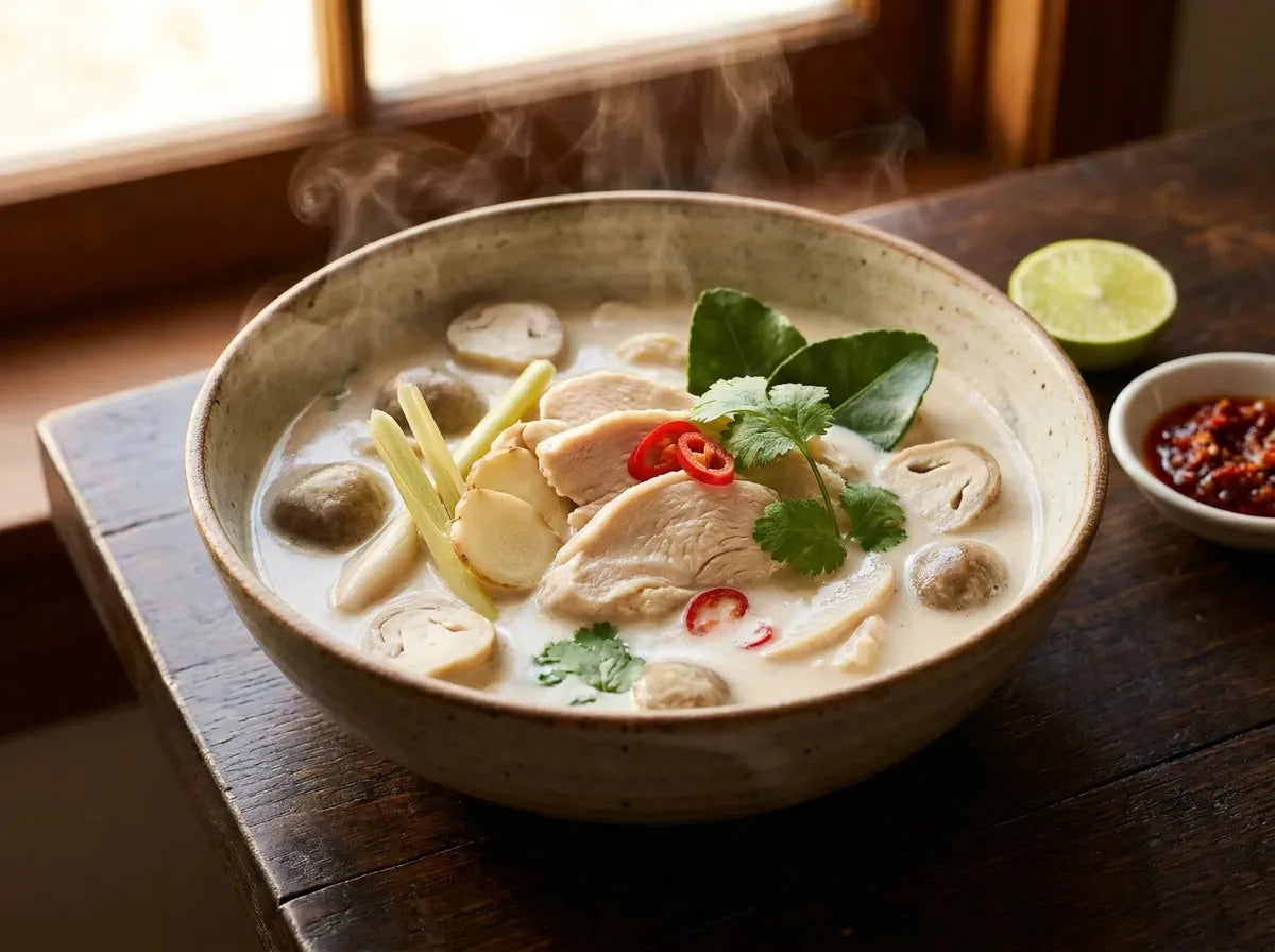 Bol de tom kha kai : soupe thaïe crémeuse au lait de coco avec poulet, champignons, citronnelle et coriandre fraîche