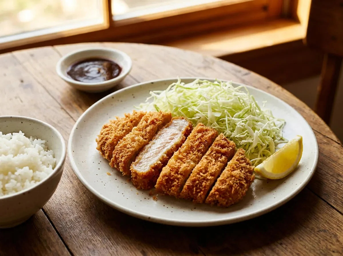 Tonkatsu japonais : escalope de porc panée au panko dorée, tranchée en lanières, servie avec chou blanc émincé, riz et sauce tonkatsu