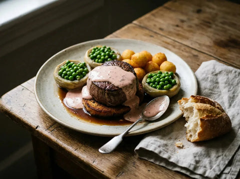 Tournedos Choron : filet de bœuf sur croûton nappé de sauce Choron rosée, fonds d’artichaut garnis de petits pois et pommes noisette