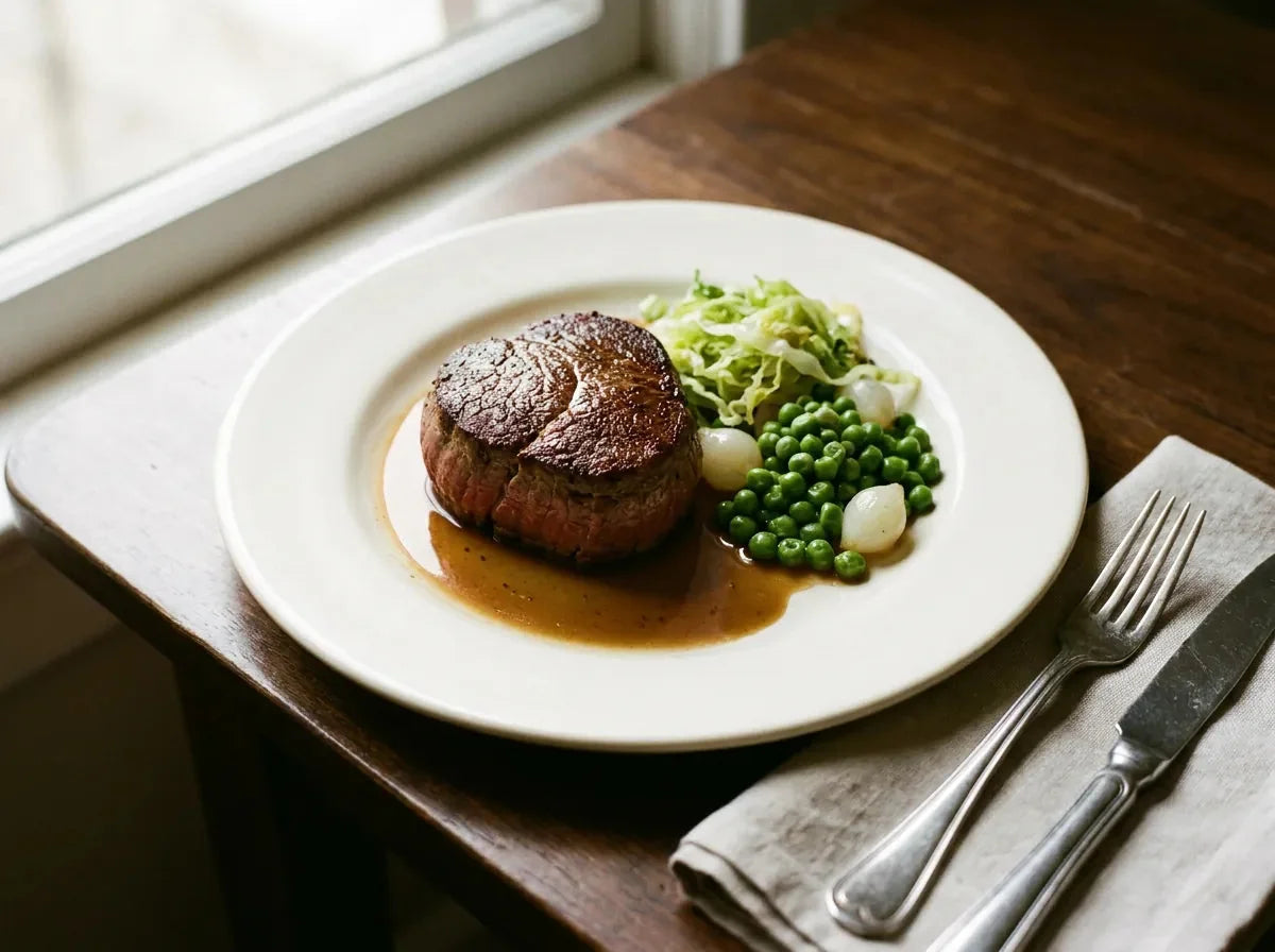 Tournedos Clamart : médaillon de filet de bœuf poêlé, petits pois à la française et jus