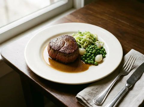 Tournedos Clamart : médaillon de filet de bœuf poêlé, petits pois à la française et jus