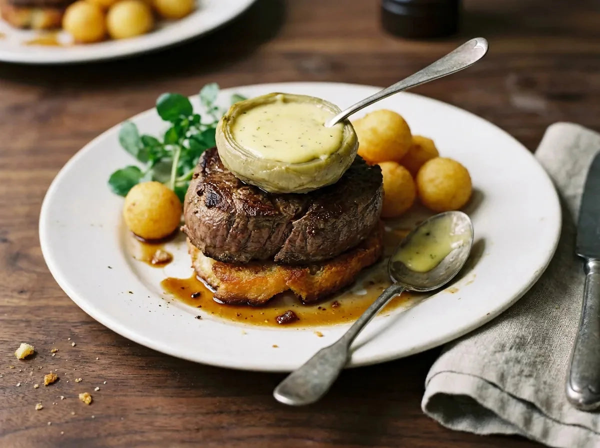 Tournedos Henri IV : filet de bœuf saisi sur croûton, coiffé d’un fond d’artichaut et nappé de sauce béarnaise, avec pommes noisette