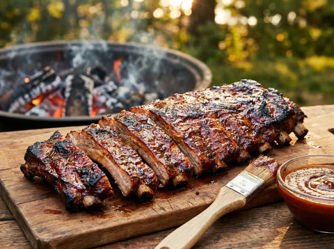 Travers de porc laqués au barbecue, brillants de sauce caramélisée et découpés entre les os sur une planche
