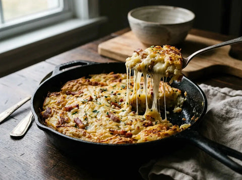Truffade auvergnate : galette de pommes de terre écrasées et tomme fraîche filante, lardons, en poêle