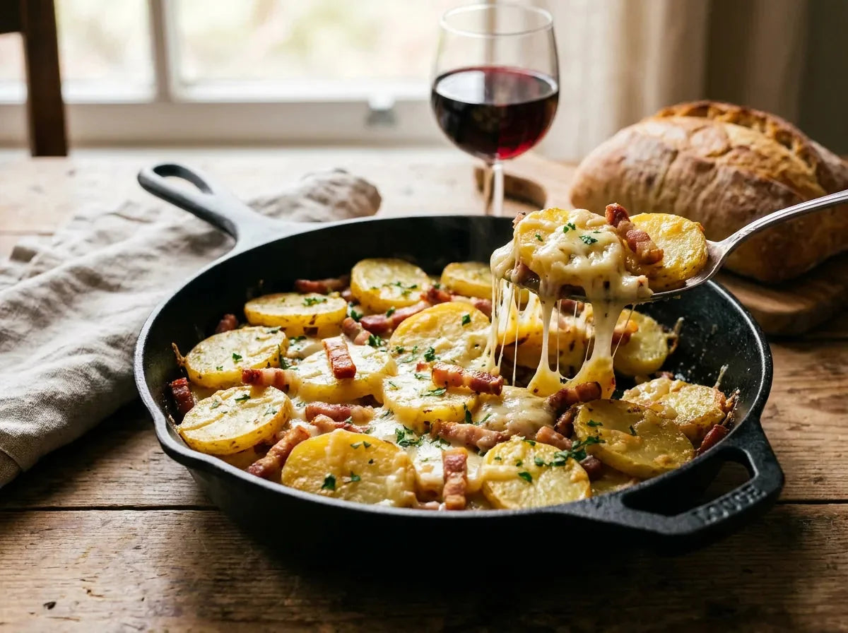 Truffade auvergnate dans une poêle en fonte : pommes de terre dorées liées à la tome fraîche fondante avec des lardons