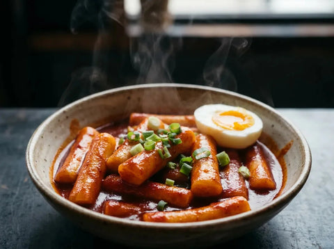 Tteokbokki coréen : gâteaux de riz cylindriques mijotés dans une sauce rouge au gochujang, avec oignons nouveaux et œuf dur